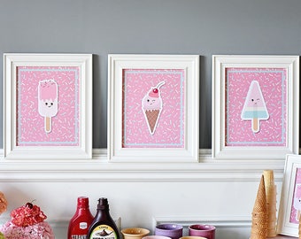 Set of 3 Prints, Ice Cream Sprinkle Party, 8x10, Kawaii, Instant Download Sweet Treats Girl, Summer, Popsicle, Instant Download, Framed Art