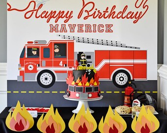 Fire Truck Party Cake Table Backdrop, 36" x 48" Printable PDF Download "Custom Name and Age" digital file, fire fighter, boy birthday, hose