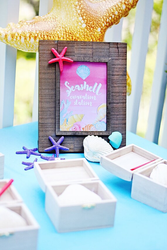 Seashell Excavation Station Sign 5x7 Instant Download Printable Under the Sea Mermaid Party Watercolor Fish Coral Reef Ocean, Ombre Pink Il_570xn