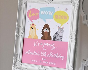 Puppy Kitten Birthday Party 16" x 20 Printable Digital Sign File, Welcome Sign, Cat, Dog, Bow Wow Meow, It's a Pawty, Cat, Dog, Kid Party