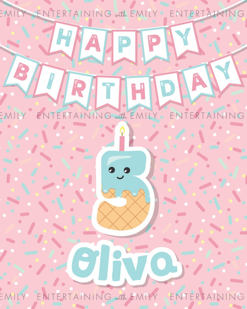Custom Happy Birthday Sign w/ Name and Age, Printable PDF Ice Cream Sprinkle Party, 8x10, Kawaii, Sweet Treats, Summer Birthday, Popsicle image 5
