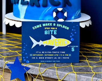 Shark Party 5x7 Digital Printable PDF Invitation, Boy Party, Baby Shark, Birthday Invite, Take a Bite, You Print, Swim on Over, Fintastic