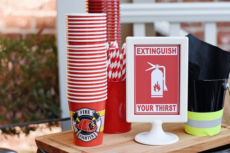 Extinguish Your Thirst, 4x6 Printable PDF Instant Download Sign for drink station, Fire Truck Party, fireman, firefighter birthday, engine image 1