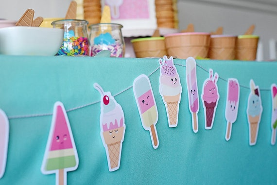 Ice Cream Sprinkle Party, Kawaii Ice Cream Character Banner, PDF Instant Download, Sweet Treats, Girl Birthday, Summer Birthday, Popsicle Il_570xn