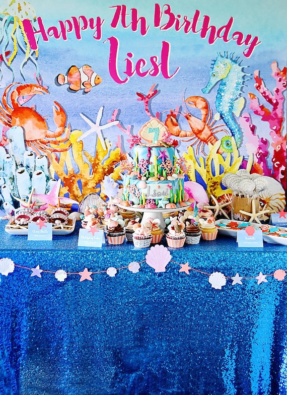 Under the Sea Watercolor Happy Birthday Cake Backdrop, Dessert Table  Background Digital Printable 36 X 48 Mermaid Sea Life, Coral Starfish 