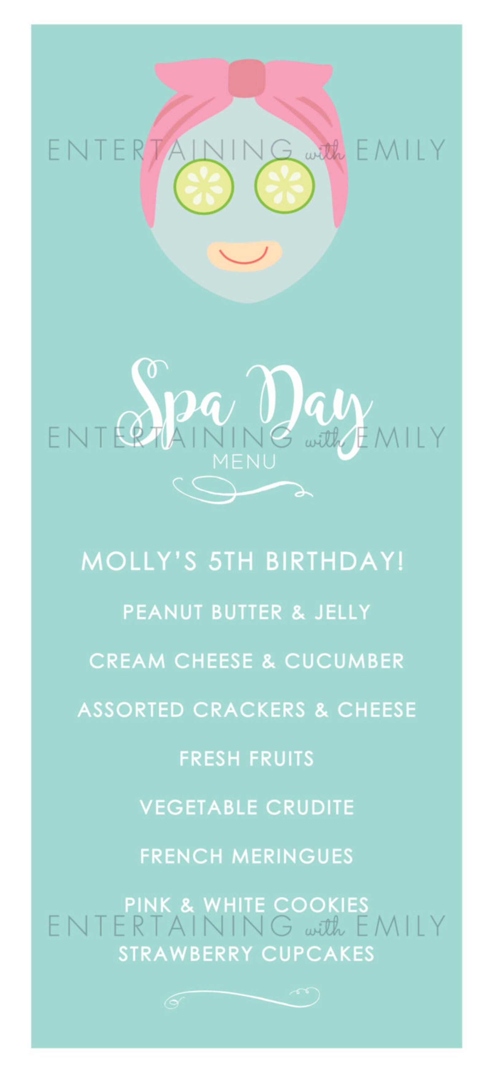 Spa Party Printable Spa Food Menu, EDITABLE INSTANT DOWNLOAD Home Girls