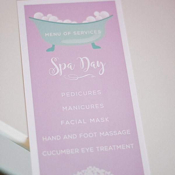 Spa Party Printable - Spa Services Menu, EDITABLE INSTANT DOWNLOAD Home Girls Spa Day, Mommy/Daughter Spa Day, Pdf