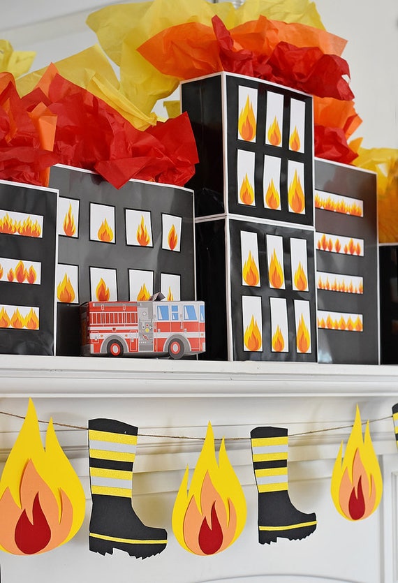 Burning Building Fire in Windows Printable PDF Instant Download for Fire Truck Party firefighter birthday, firemen, fire banner, party decor Il_570xn