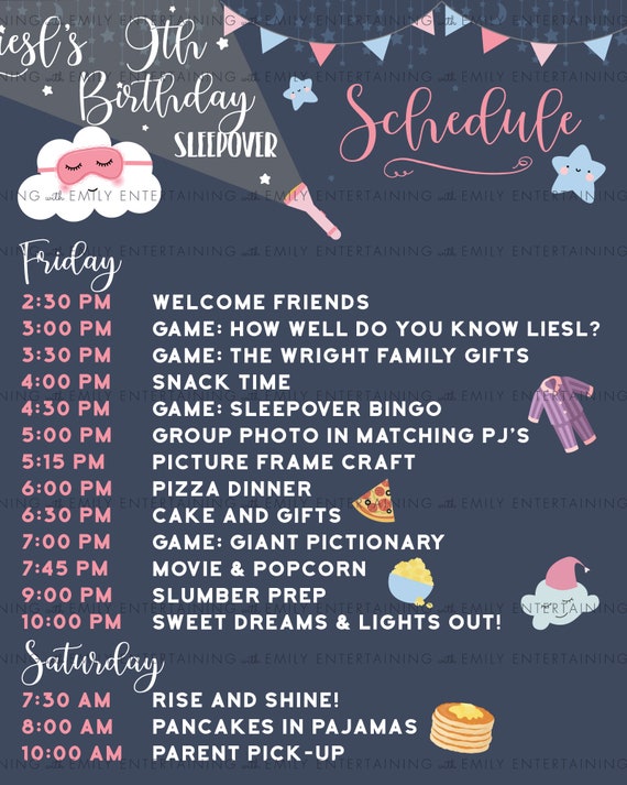 Custom Birthday Party Sleepover Schedule 16x20, Digital Printable PDF,  Slumber Party, Girl Party, Pancakes and Pajamas, Brunch, Kawaii 