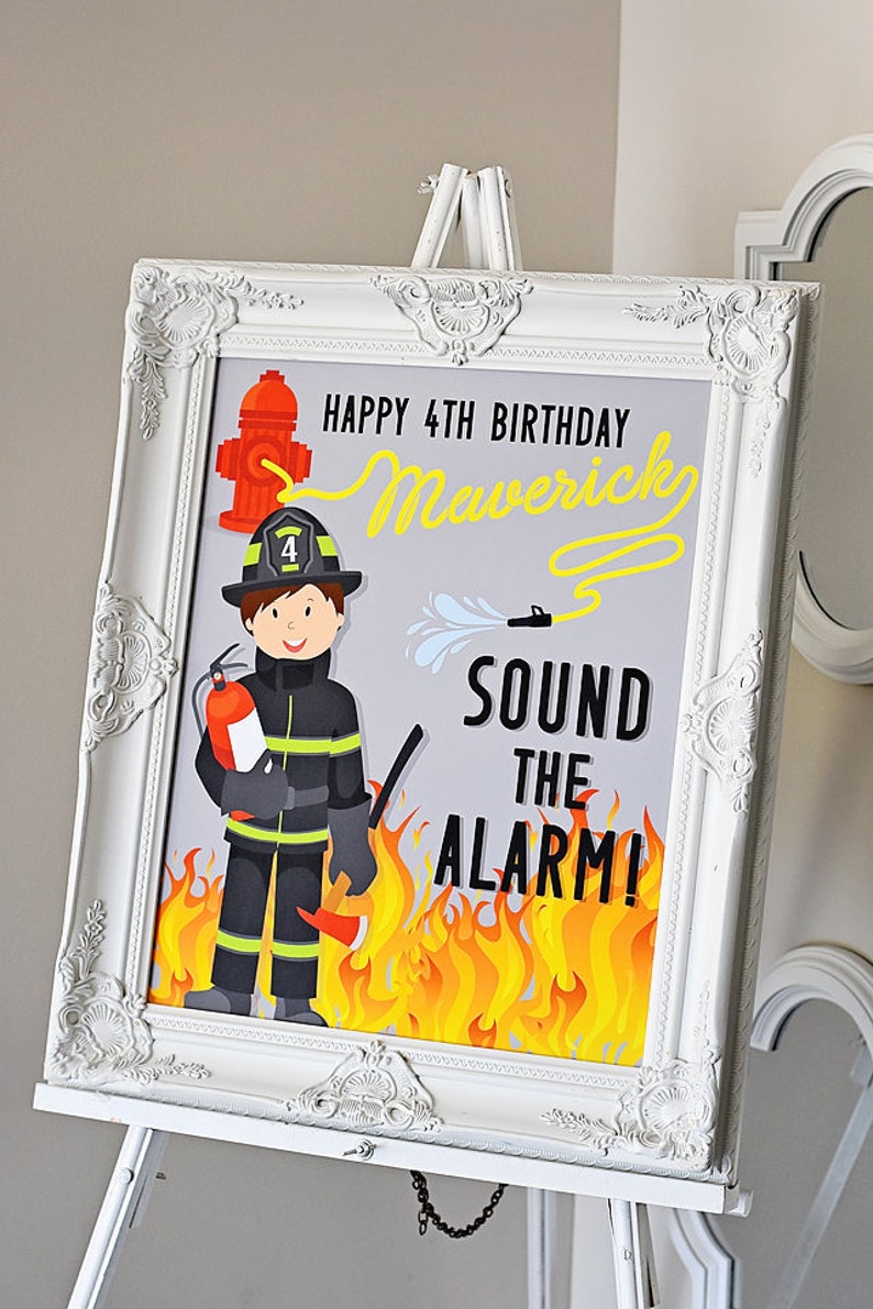 Sound the Alarm, 16x 20 Welcome Sign Fire Truck Party Printable PDF Digital File Firefighter Custom Name/age hydrant, fire hose birthday image 1