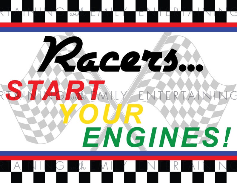 8.5 x 11 Welcome Door Sign Racers Racing Party INSTANT DOWNLOAD PDF Printable Start Your Engines Race Car Party Checkered Flag