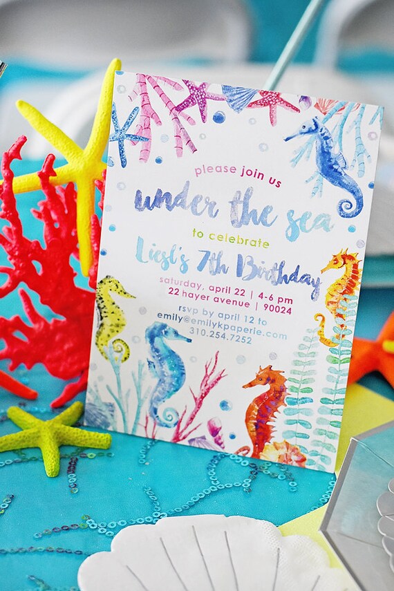 Under the Sea Watercolor Birthday Party Invitation, PDF Digital Download, Printable, Seahorse, Coral, Mermaid, Starfish, Aquarium, Fish Il_570xn
