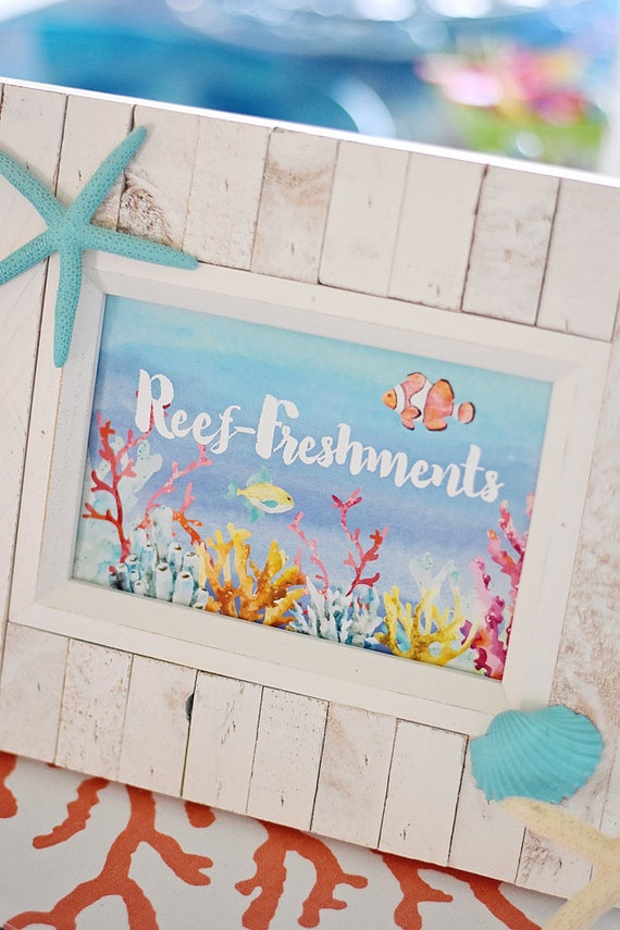 Reef-Freshments Tabletop Buffet Sign Instant Download Printable 4x6 Under the Sea Mermaid Party Watercolor Fish Coral Reef Seashell Ocean Il_570xn