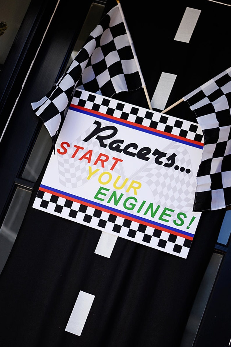 8.5 x 11 Welcome Door Sign Racers Racing Party INSTANT DOWNLOAD PDF Printable Start Your Engines Race Car Party Checkered Flag