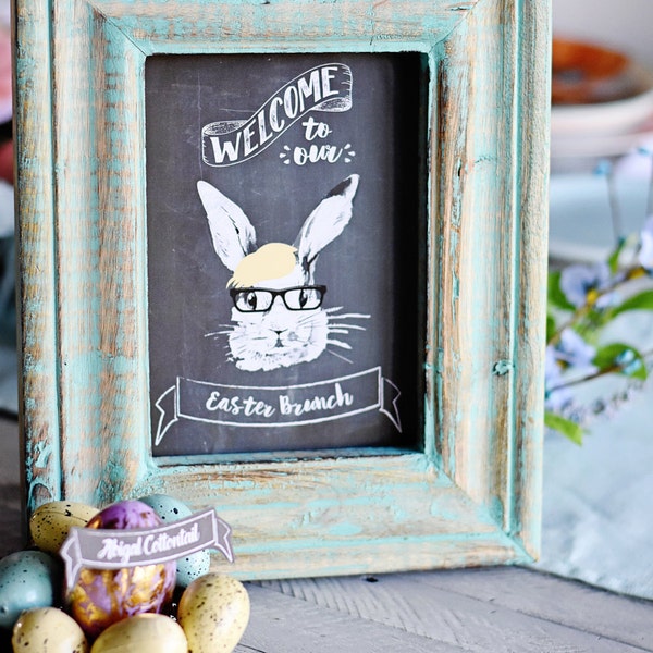 Welcome to Easter Brunch Bunny Party, Hipster Bunny, Instant Download Printable PDF 5"x7" Tabletop Sign, Chalkboard Glasses