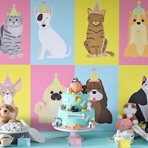 Puppy Kitten Birthday Party 36&quot; x 48&quot; Cake Table Backdrop INSTANT DOWNLOAD Printable Digital File Dessert Table, Cat, Dog, Bow Wow Meow
