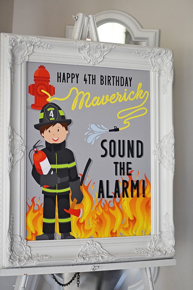 Sound the Alarm, 16x 20 Welcome Sign Fire Truck Party Printable PDF Digital File Firefighter Custom Name/age hydrant, fire hose birthday image 2