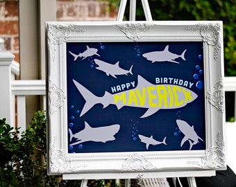 Shark Party 16" x 20"  Digital Printable PDF Tabletop sign Name in Shark, Welcome Sign, buffet table centerpiece, shark attack, boy birthday