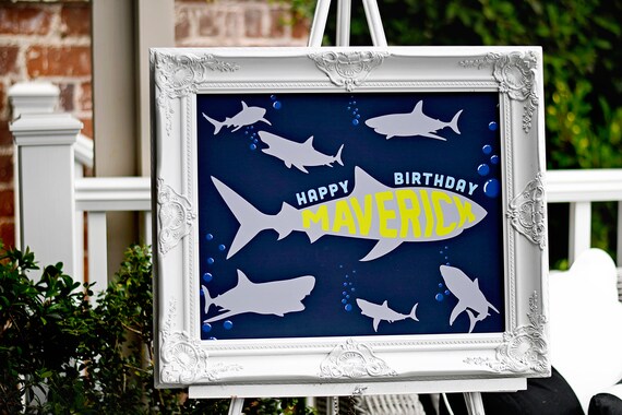Shark Party 16" x 20" Digital Printable PDF Tabletop sign Name in Shark, Welcome Sign, buffet table centerpiece, shark attack, boy birthday Il_570xn