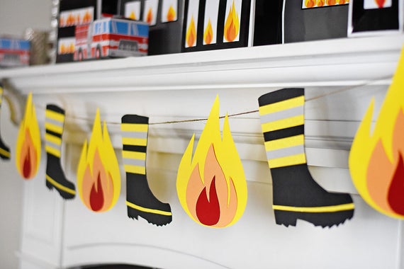Flame and Fireman Boot Banner Printable PDF Instant Download for Fire Truck Party firefighter birthday, firemen, fire banner, party decor Il_570xn