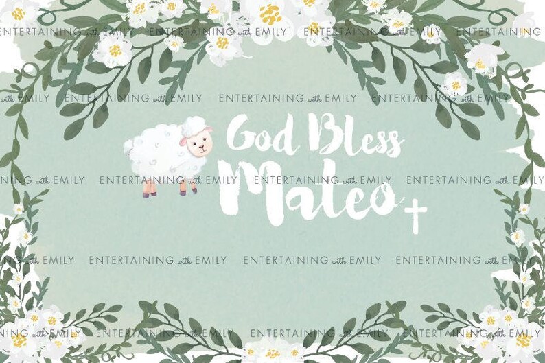 Watercolor Baptism Floral Lamb Sage Green Christening Etsy