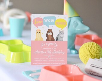 Puppy Kitten Birthday Party Invitation CUSTOM PDF Printable Invite, 5"x7" Bow Wow Meow, Pawty, Cat and Dog Party, Online or You Print