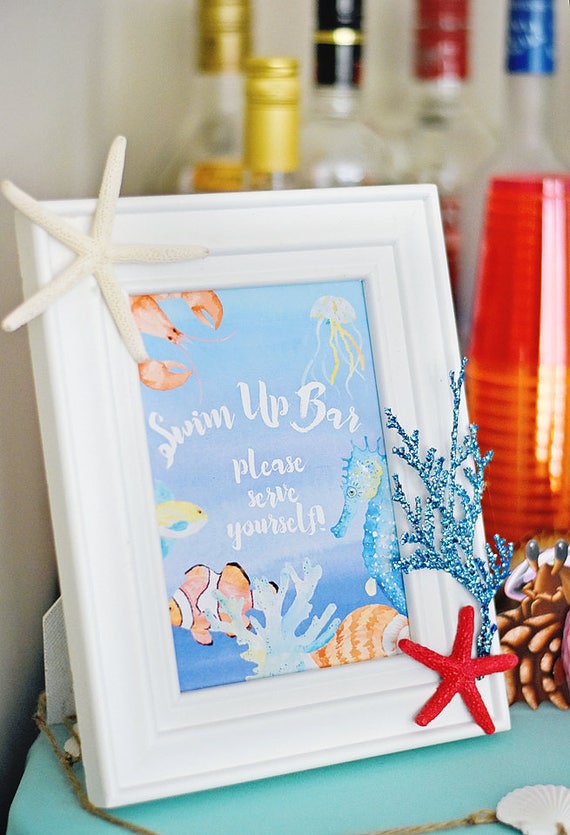 Swim Up Bar, Please Serve Yourself 5x7 Sign Instant Download Printable Under the Sea Mermaid Party Watercolor Fish Coral Reef Seashell Ocean Il_570xn