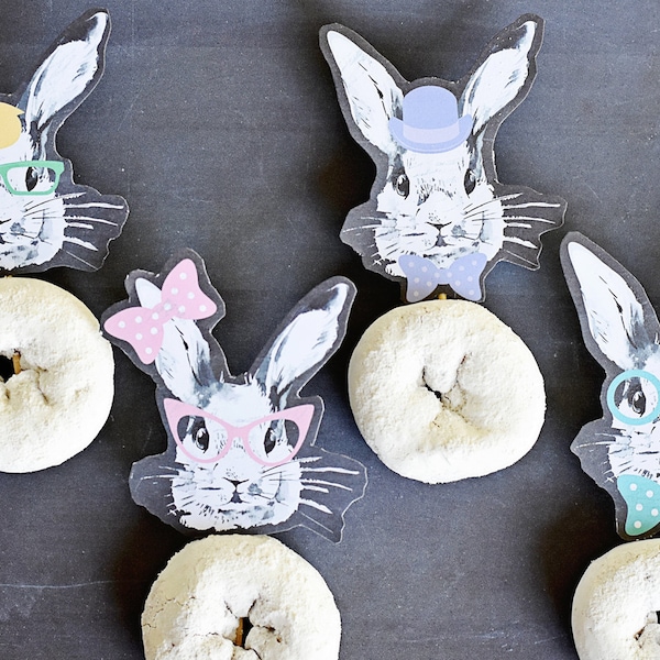 Hipster Bunny Food Picks, Easter Bunny Party, Instant Download Printable PDF Bunny Donuts Chalkboard Hipster Bunny Glasses, Dessert Table