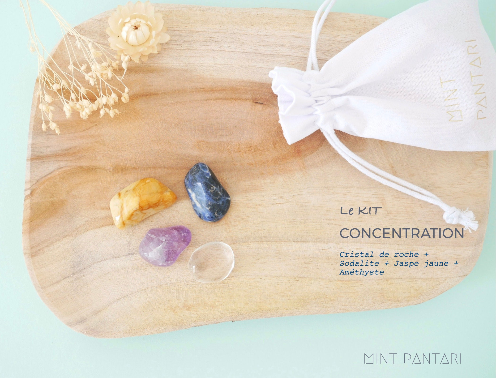Kit de 4 Pierres Roulées Concentration, Cristal Roche + Sodalite Jaspe Jaune Améthyste, Kit Lithothé