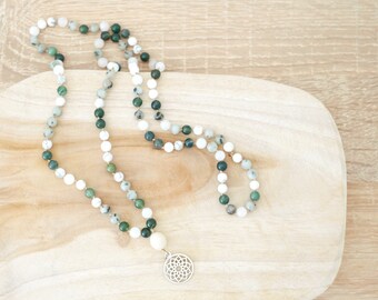 Mala necklace with natural stones SELF RECONNECTION, 108 beads tibetan mala, Moss agate, Howlite, Lotus jasper, White jade, Meditation mala