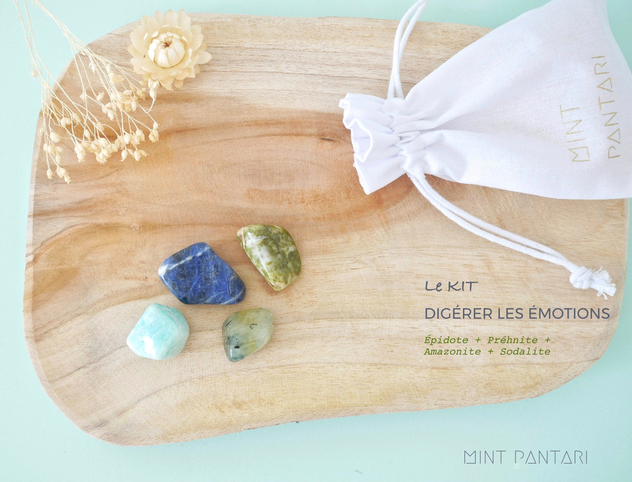Kit de 4 Pierres Roulées Digérer Les Émotions, Épidote + Préhnite Amazonite Sodalite, Kit Lithothéra