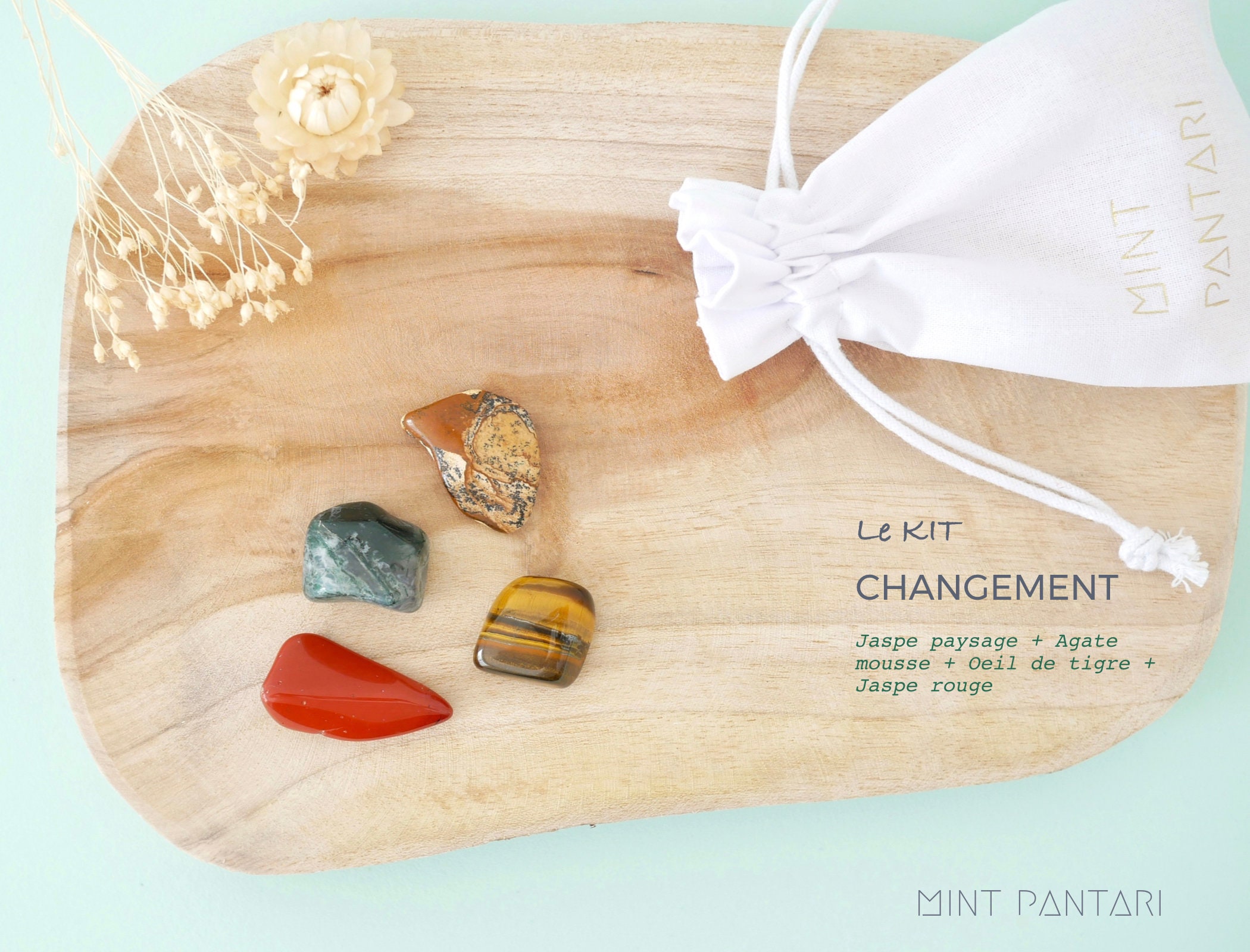 Kit de 4 Pierres Roulées Changement, Jaspe Paysage + Agate Mousse Oeil Tigre Rouge, Kit Lithothérapi