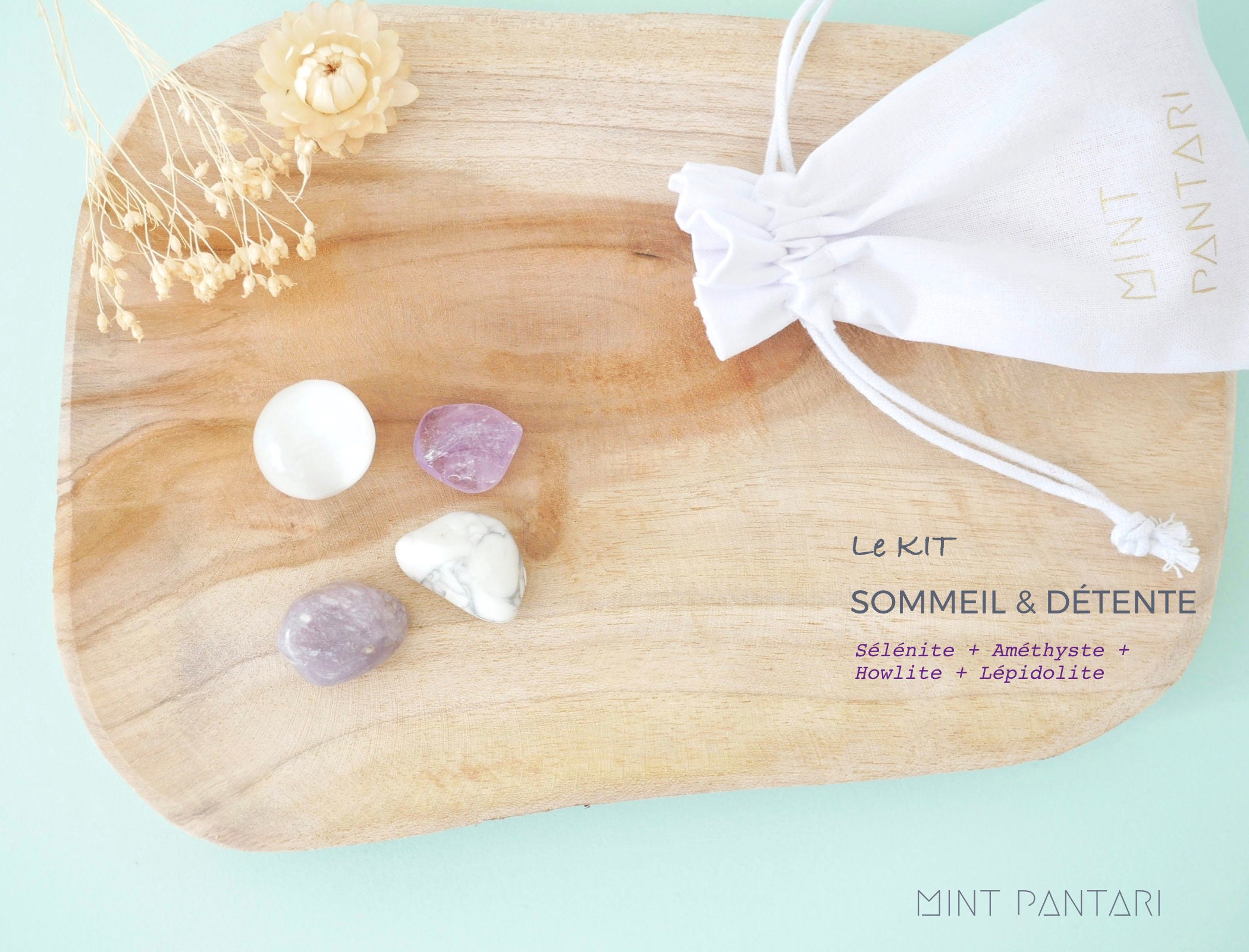 Kit de 4 Pierres Roulées Sommeil & Détente, Sélénite + Améthyste Howlite Lépidolite, Kit Lithothérap