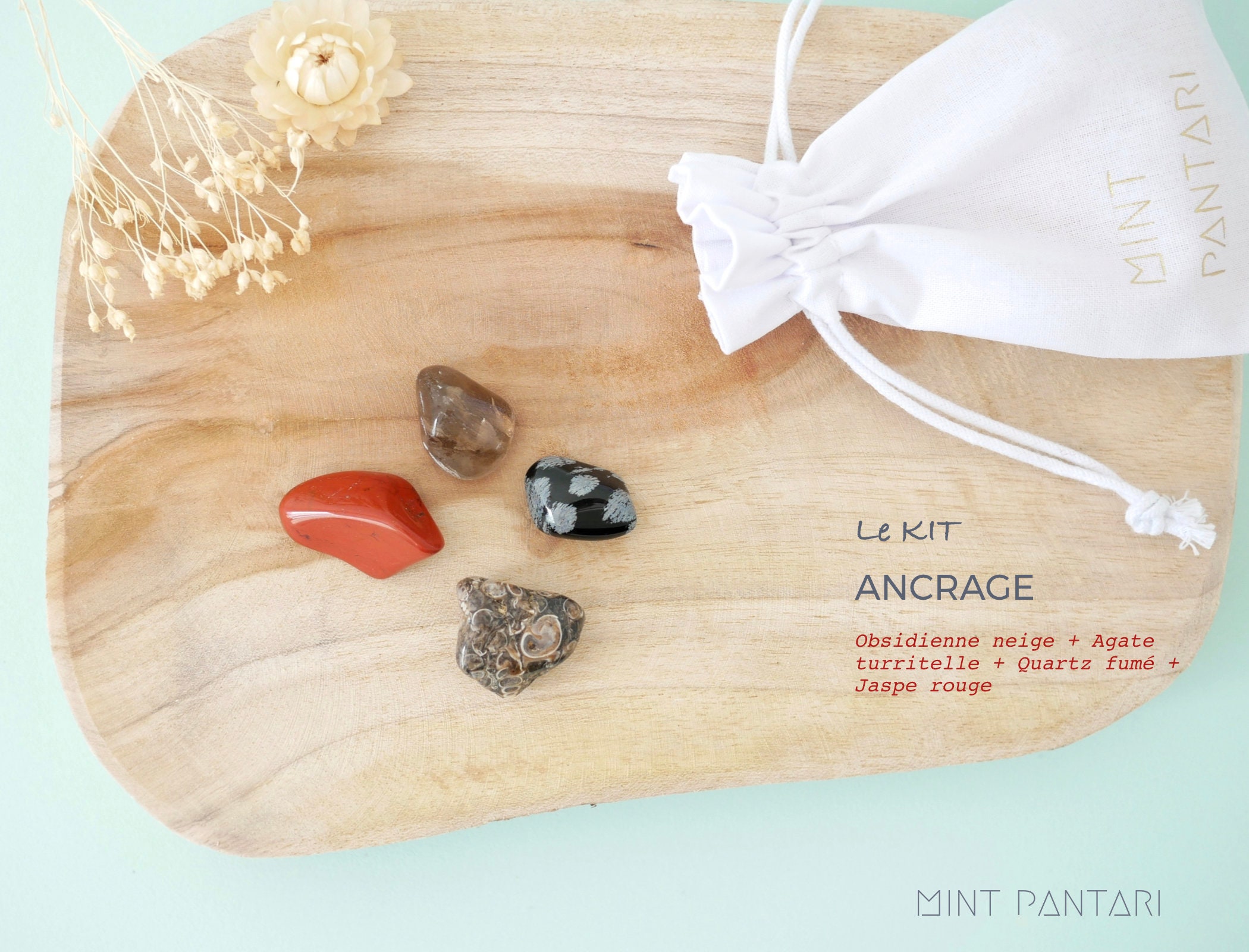 Kit de 4 Pierres Roulées Ancrage, Obsidienne Neige + Agate Turritelle Quartz Fumé Jaspe Rouge, Kit L