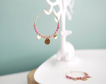 Rhodonite and gold hoop earrings, Natural gemstone hoop earrings, 30mm pink gold plated stainless steel hoop earrings, Wedding earrings