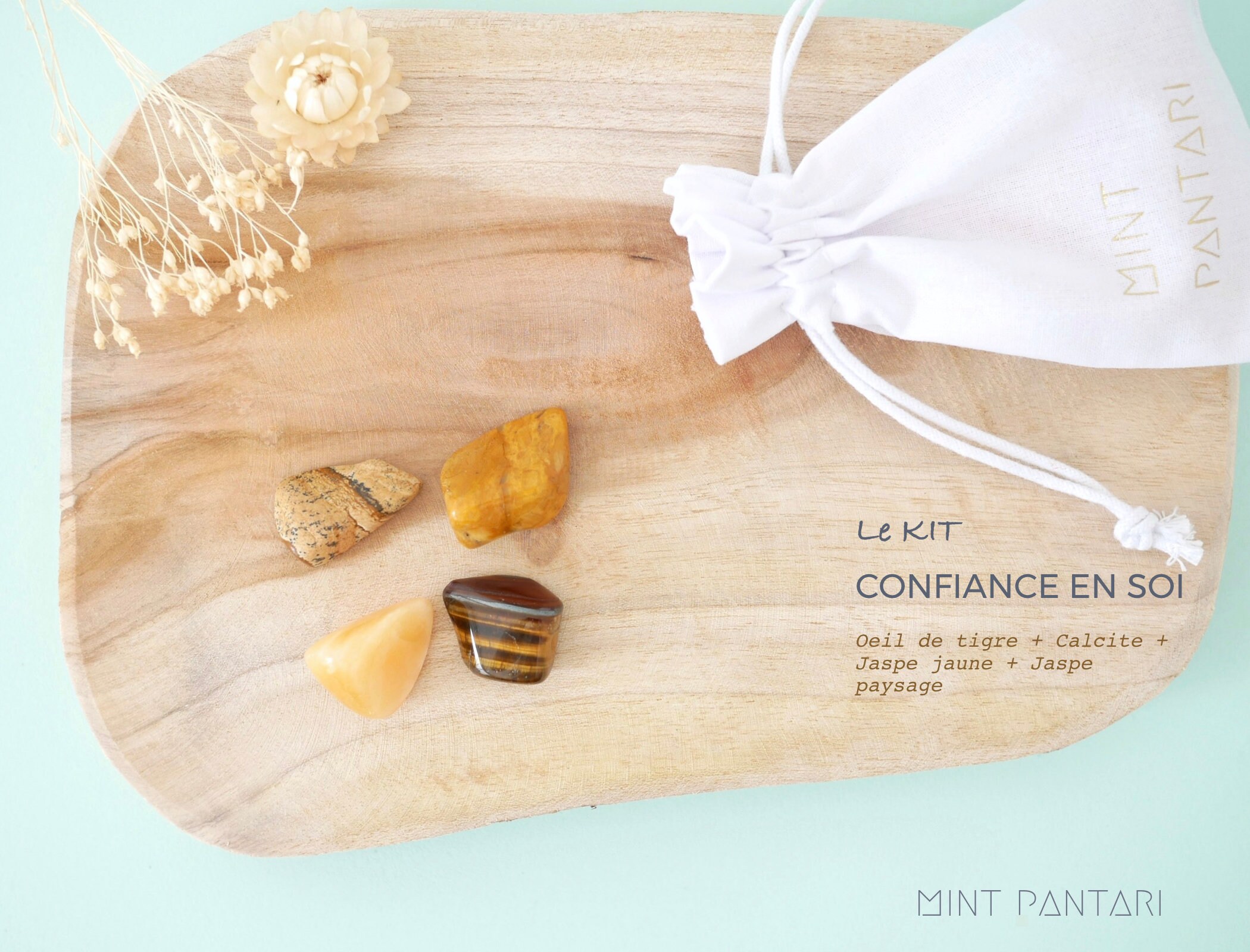 Kit de 4 Pierres Roulées Confiance en Soi, Oeil Tigre + Calcite Jaspe Jaune Paysage, Kit Lithothérap