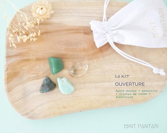 Set of 4 tumbled stones OPENNESS, Moss agate + Amazonite + Rock crystal + Aventurine, Lithotherapy Set, Minerals Mint Pantari