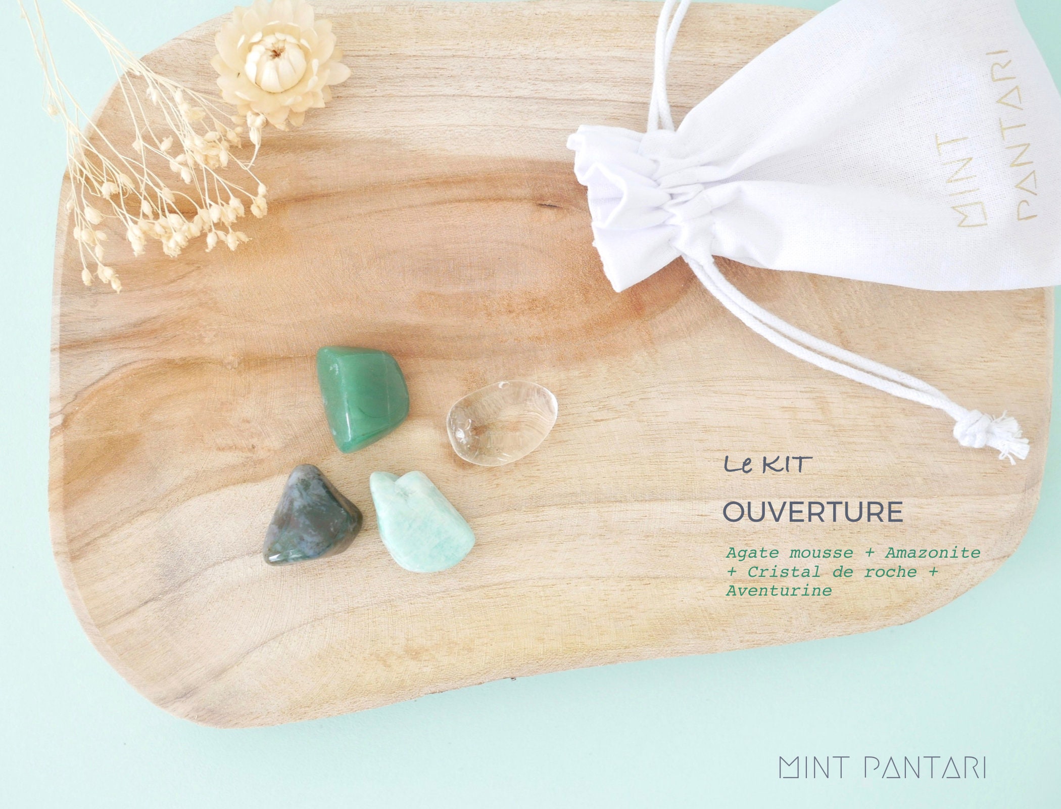 Kit de 4 Pierres Roulées Ouverture, Agate Mousse + Amazonite Cristal Roche Aventurine, Kit Lithothér