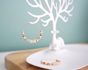 Peach moonstone and heishi hoop earrings, Natural gemstone hoop earrings, 40mm large peach nude gold-plated hoop earrings