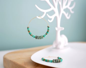 African turquoise and heishi hoop earrings, Natural gemstone hoop earrings, 40mm large blue green gold plated brass hoop earrings