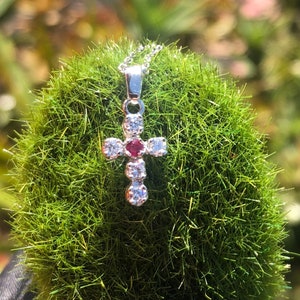 Charming Petite Cross Necklace With Natural Diamonds and Ruby/Delicate Cross with Ruby and Diamonds/Small Diamond Cross Pendant/July Stone