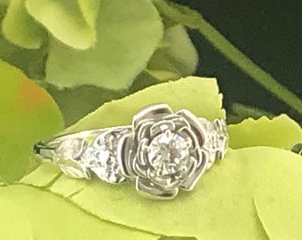 Unique Rose and Leaf Engagement Ring with 0.35ct Natural Diamonds/Solitaire with Flower and Leaves/Flower Style Engagement Ring/Rose Ring