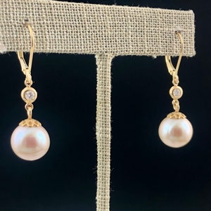 Beautiful and Delicate Dangle Earrings with Genuine 10mm Pearls & Diamonds/Yellow Gold Earrings/June Birthstone /Diamonds and Pearls Earring