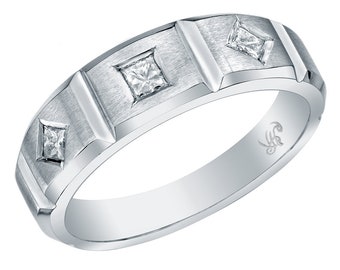 Anillo de diamantes para hombre en oro blanco de 14 quilates, talla princesa, engastado al ras