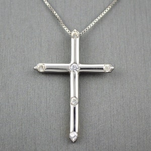 SIMPLE  ELEGANT CROSS pendant in 14 karat white gold with six bezel set  diamonds , gold cross pendant,white gold cross necklace