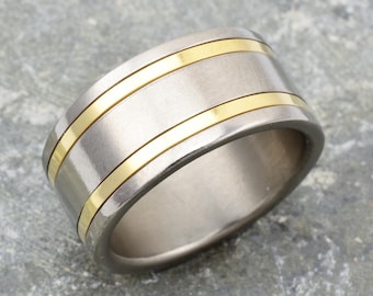 May include: A wide silver band with two gold stripes around the edge.