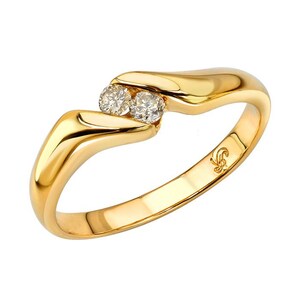 May include: A gold ring featuring two clear gemstones set in a flowing, polished design. The ring's design is elegant, with the gemstones set close together. The ring has a smooth, polished finish. The gemstones are round.