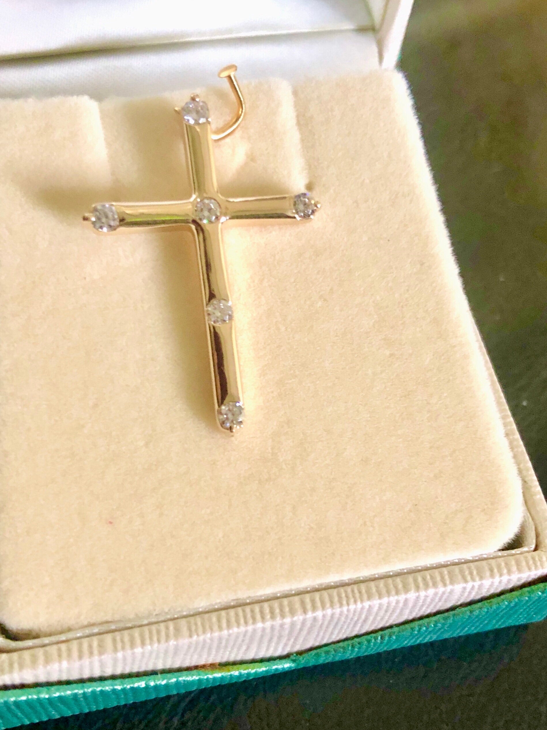 Ciondolo Croce Donna Con Diamante Simulato, Placcato Oro Giallo 14kt, Catena Inclusa 18 Pollici