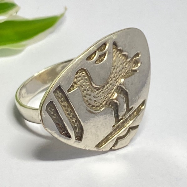 1970s - Bague vintage argent massif amérindien oiseau taille 59 français Pittsbroc cadeau ancien