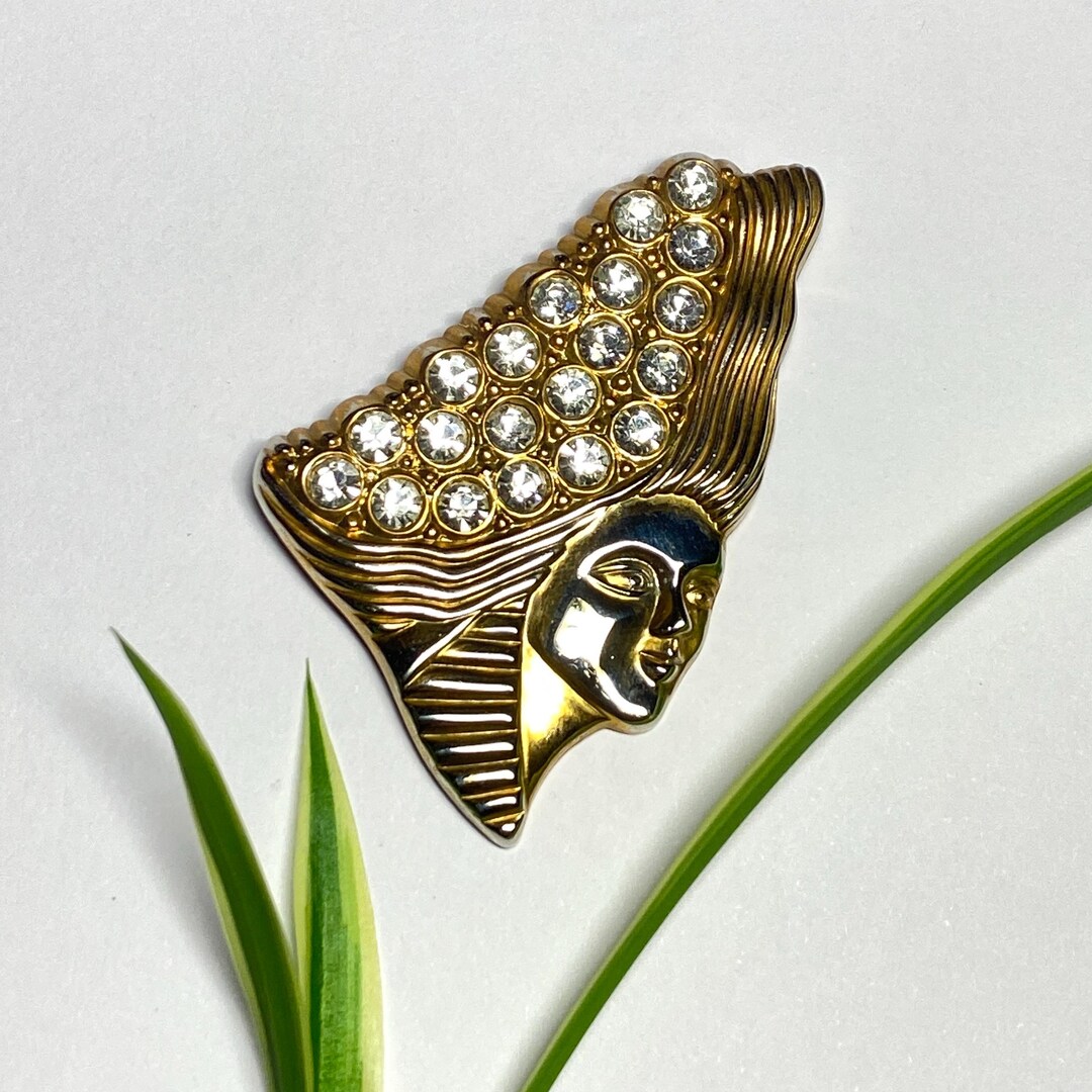 Broche Vintage Visage Femme Style Mucha - Celluloïd - Magnifique Pièce Unique - Occasion